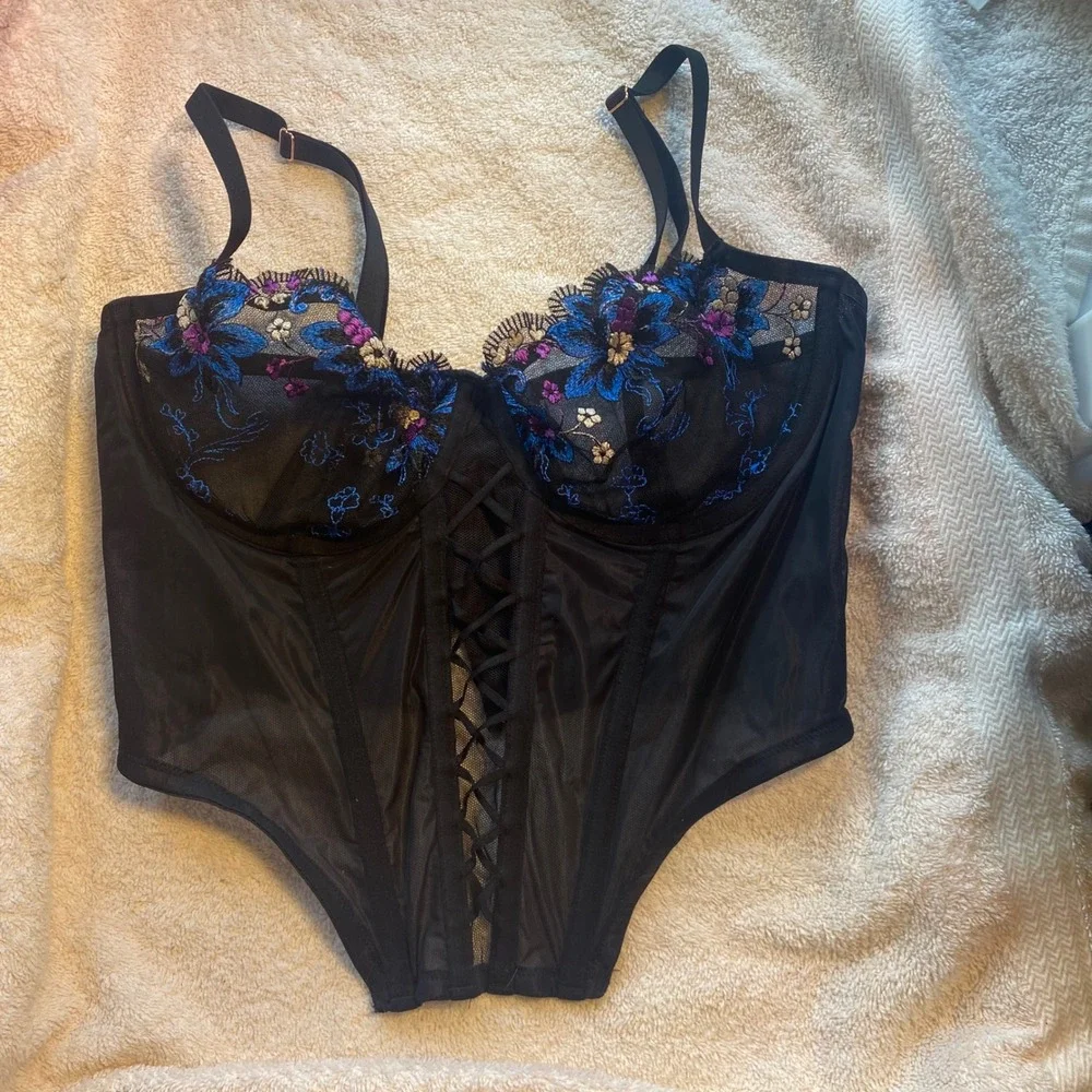 Savage X Fenty Black Floral Embroidered Corset Top and Thong Set Blue Purple